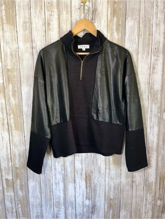 THML Tops - THML Faux Leather Sleeve Pullover Black Half Zip Sweatshirt Top M
